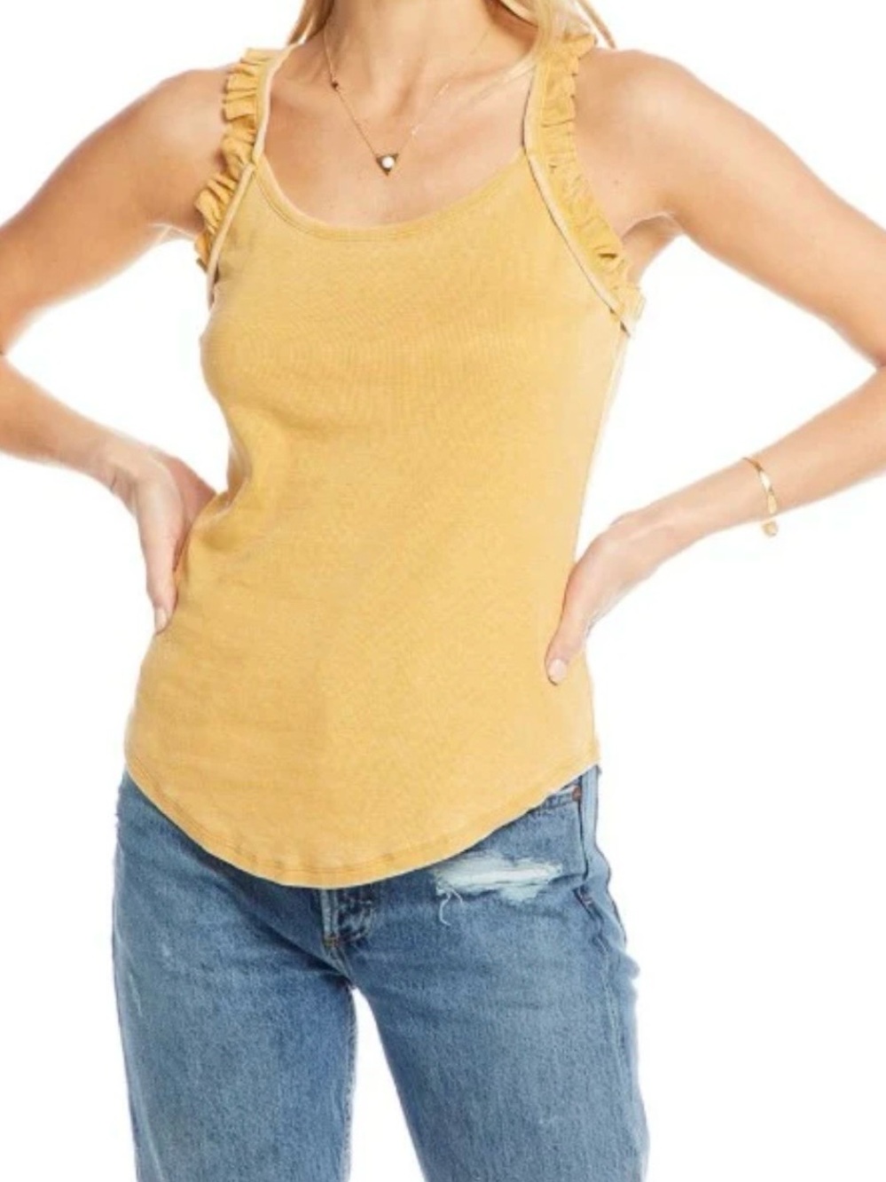 Chaser Mustard Yellow Ruffle Strap Tank